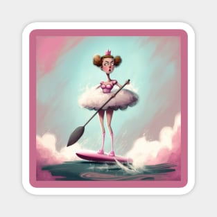 Quirky ballerina wearing her tutu on a stand up paddle board. Magnet