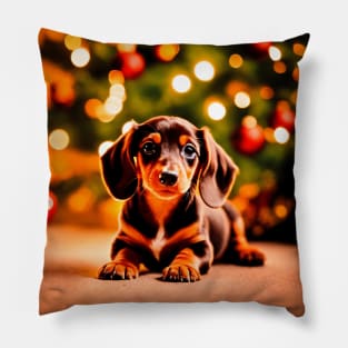 Tiny Dachshund Puppy with Christmas Gifts Pillow