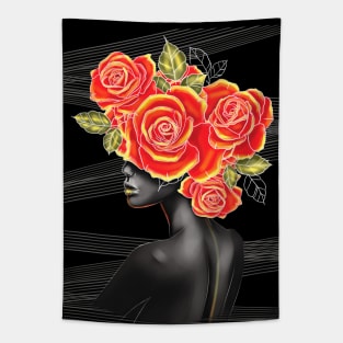 Black and white girl with color beautiful flowers in her head. Tapestry