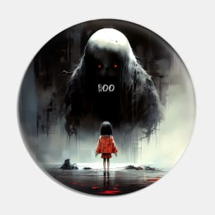 Halloween Boo: The Night the Giant Goblin with Red Eyes Said "Boo" on a Dark Background Pin