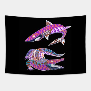 the kingdom of the beast, the shark and the alligator crocodile art Tapestry