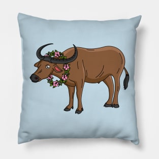 Water buffalo with flowers cartoon illustration Pillow