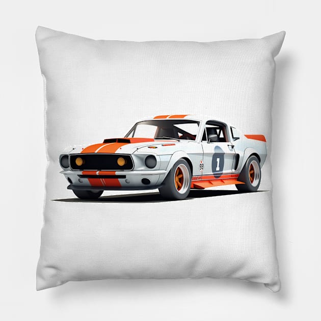 69 Mustang Fastback Racecar Cartoon Pillow by SynchroDesign