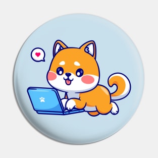 Cute Shiba Inu Dog Working On Laptop Cartoon Pin