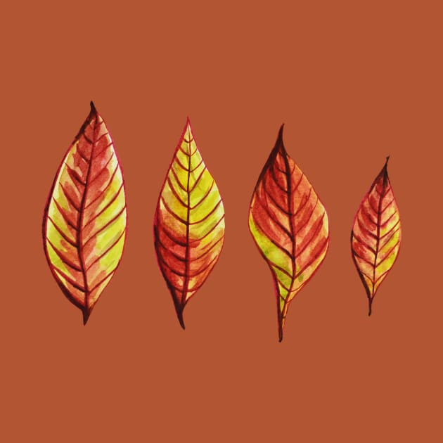 Four Red Yellow Watercolor Painted Autumn Leaves by Boriana Giormova