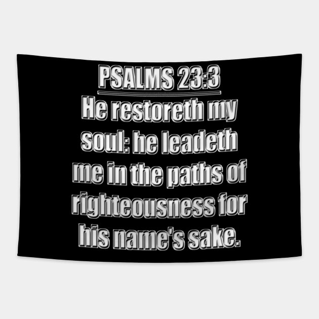 Psalms 23:3 "He restoreth my soul: he leadeth me in the paths of righteousness for his name's sake." King James Version (KJV) Scripture verse Tapestry by Holy Bible Verses