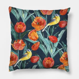 Blue Headed Wagtail in the Tulips - Indigo and Orange Pillow