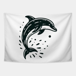 Stick Figure of a Dolphin in Black Ink Tapestry