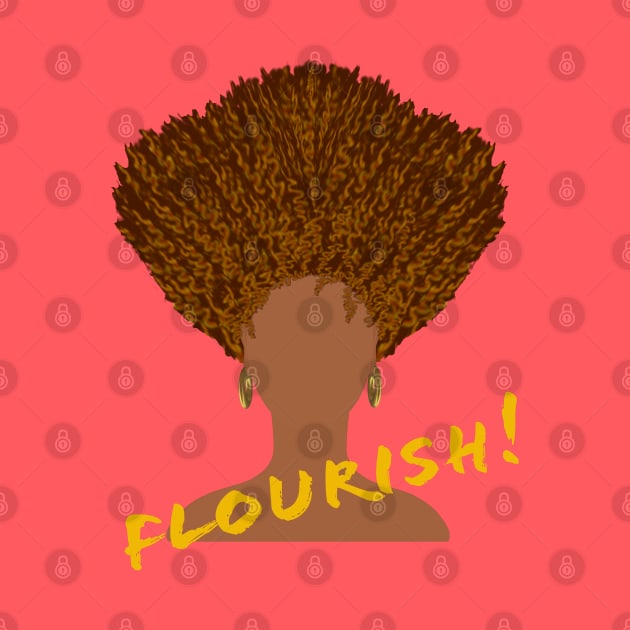 Flourish! Natural Hair Upward Curly Afro with Gold Earrings and Gold Lettering (Purple Background) by Art By LM Designs 