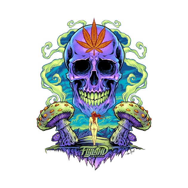 Purple Cannabis Skull with Mushrooms by FlylandDesigns