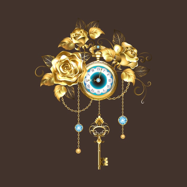 Steampunk Clock with Gold Roses by Blackmoon9