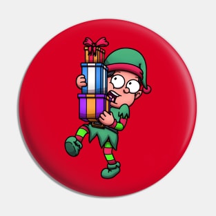 Female Christmas Elf Carrying Stack Of Christmas Presents Pin