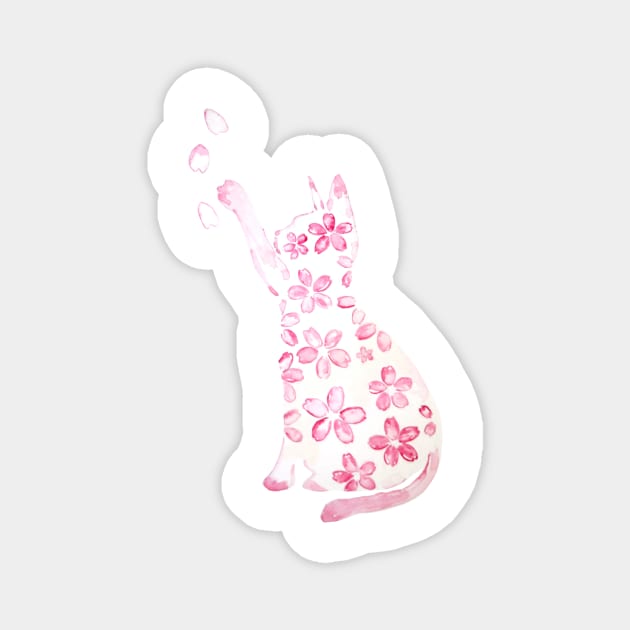 pink cat and cherry flowers watercolor Magnet by colorandcolor