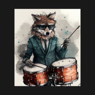 Watercolor Art Wolf Playing Drums T-Shirt