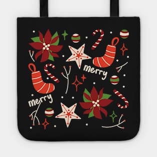 Retro Merry Christmas Vintage Aesthetic Pattern With Candy Canes, Poinsettia Flowers, Cookies, Decorations And Stars Tote