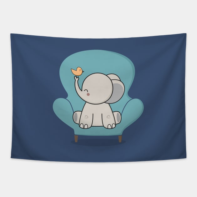 Kawaii Cute Elephant And Bird Tapestry by wordsberry