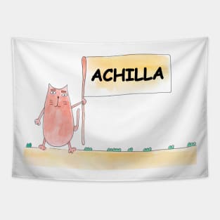 ACНILLA name. Personalized gift for birthday your friend. Cat character holding a banner Tapestry