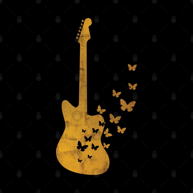 Offset Style Electric Guitar Silhouette Turning Into Butterflies Gold by nightsworthy