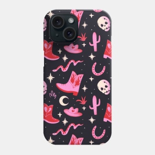 Wild west themed pattern, Cute skeleton cowboy, western boots, hat, lucky horseshoe, snake, cactus illustration Phone Case