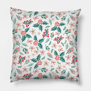 Merry and Bright Mistletoes and Poinsettia flowers on white Pillow