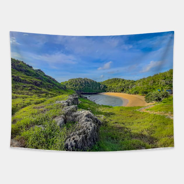 Lagoon sand beach Kasap with green hills. Tapestry by kall3bu