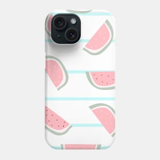 Pink watermelon slice with bones design on striped blue background seamless pattern wallpaper backdrop. Phone Case
