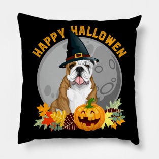 Happy Halloween Bulldog and Pumpkin Pillow