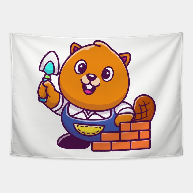 Cute Beaver Construction Cartoon (2) Tapestry by Catalyst Labs