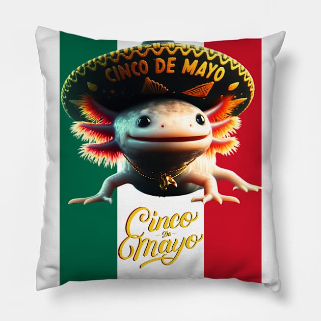 Cinco de Mayo Funny Cute AxolotL Mexican Flag Pillow by Truth or Rare