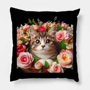 Blossoming Friendship: A Funny and Cute Cat Amongst Beautiful Flowers Pillow