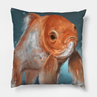 Painting of a Goldfish in a Contemporary Style, on Blue Background Pillow