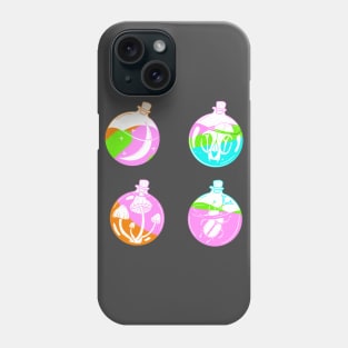 4 potion viles with a moon, cat skull, mushrooms and a scarabey inside cute gift Phone Case