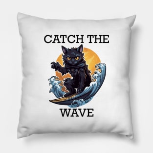 Black Cat Surfing - Catch The Wave (Black Lettering) Pillow