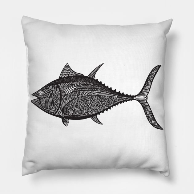 Bluefin Tuna Ink Art - cool detailed fish design - on white Pillow by Green Paladin