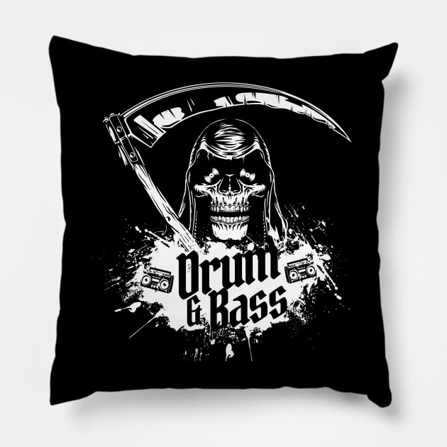 DRUM AND BASS  - DNB Grim Reaper Halloween (white) Pillow by DISCOTHREADZ 