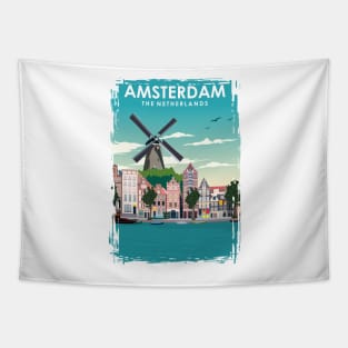 Amsterdam Holland Windmill Travel Poster Tapestry