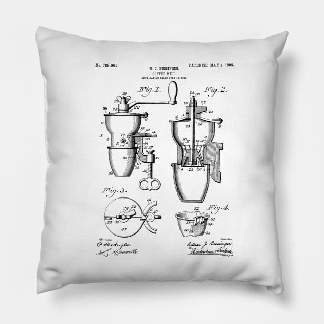 Coffee Mill Patent - Coffee Shop Art - Black And White Pillow by patentpress