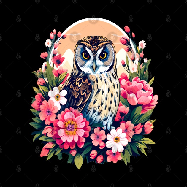 A Cute Short Eared Owl Surrounded by Bold Vibrant Spring Flowers by BirdsnStuff