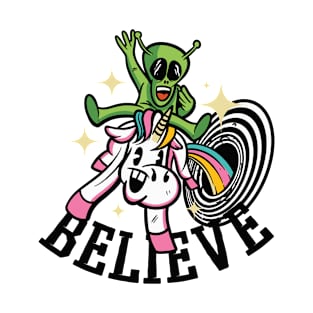 Alien Unicorn Believe Space Black Hole Funny Graphic Novelty T-Shirt