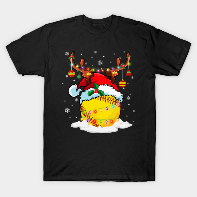 Reindeer Santa Hat Softball Christmas Lights Xmas - Softball - T-Shirt ...