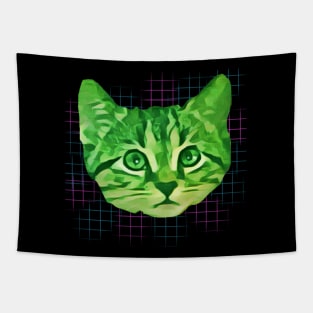 Green Kitty Face Grid Background Tapestry