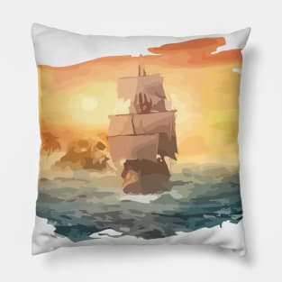 Artistic Ocean, Boat and Sunset Pillow