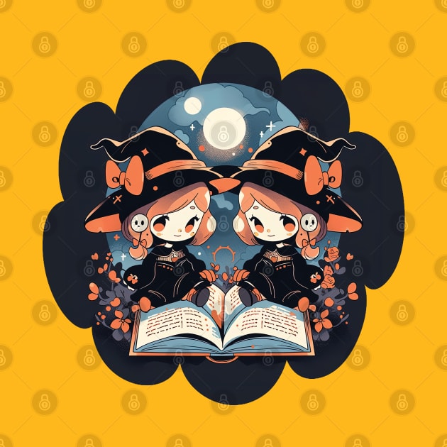 Baby Witch Gemini Zodiac Sign Reading Spell Book Chibi Style by The Little Store Of Magic