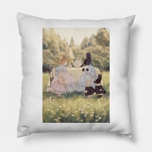 Rabbit and Cat Tea Time Pillow