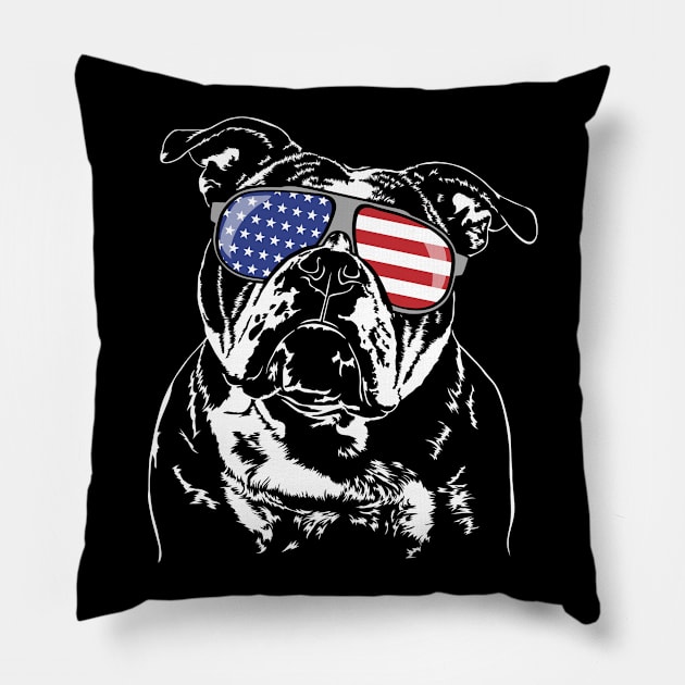 Funny Proud Old English Bulldog American Flag sunglasses dog Pillow by wilsigns