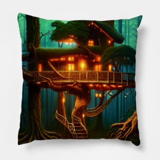 Magical Cottage Tree House with Lights in Forest with High Trees, Scenery Nature Pillow