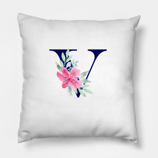 Watercolor Floral Letter V in Navy Pillow by Harpleydesign