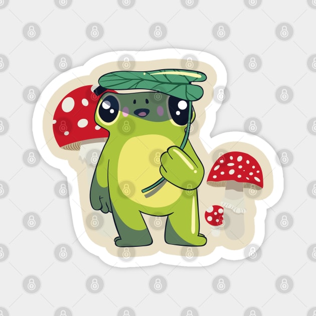 Cute Frog with Leaf Umbrella and Mushrooms Cottagecore Magnet by uncommontee