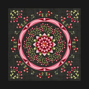 Cherries and Flower on Dark Green Mandala T-Shirt