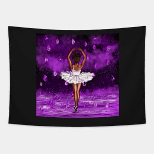 Black ballerina with white tutu dancing in the rain, ballerina among raindrops falling into Water Tapestry